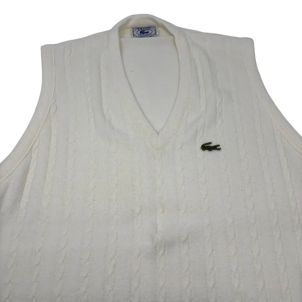 Vintage IZOD Lacoste Mens Large Ivory White Cable Knit V-neck Vest